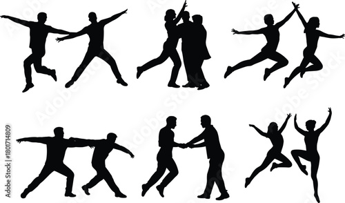 Collection of dancing silhouettes, people jumping, couples celebrating, set of dynamic dance poses, partner dancers, happy joyful movement vector icons.