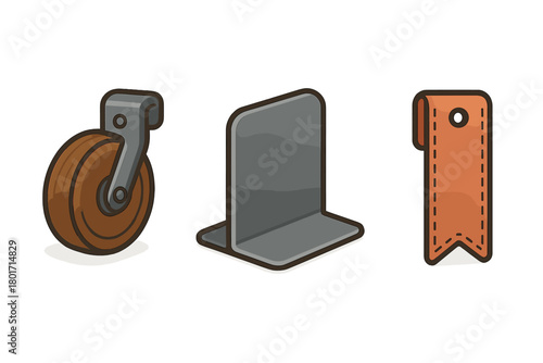 Isometric icons of caster wheel, bookend, and leather bookmark tag