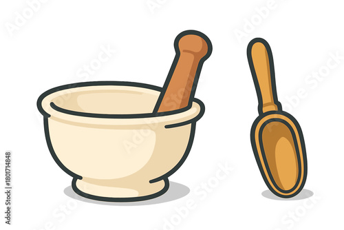 Ceramic mortar and pestle set with small wooden scoop icon
