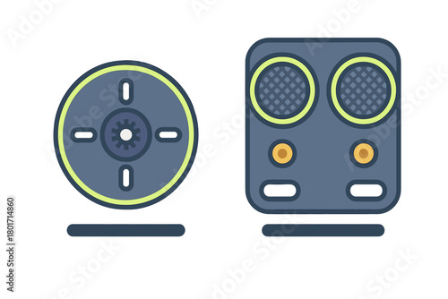 Set of circular reel and rectangular audio speaker icons
