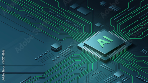 AI Chip on futuristic circuit board with digital data flow, Future global artificial intelligence science and technology, analytics and machine learning, Process of data processing by microcircuit