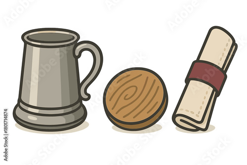 Tavern service items including pewter mug, wooden coaster, and rolled napkin