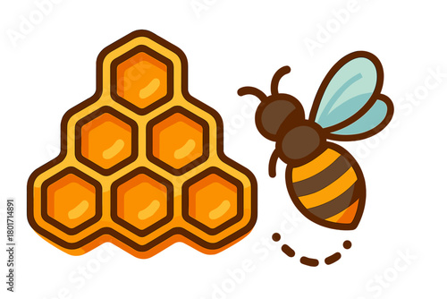 Adorable cartoon bee flying near a golden hexagonal honeycomb structure full of sweet honey