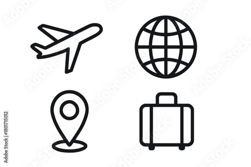 Minimalist symbols for global travel, flight, location tracking, and baggage