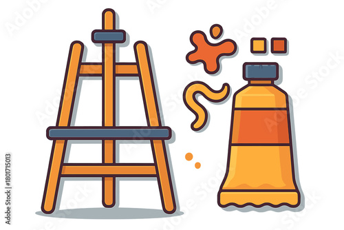 Wooden tripod easel standing next to a large tube of yellow paint and abstract paint blobs