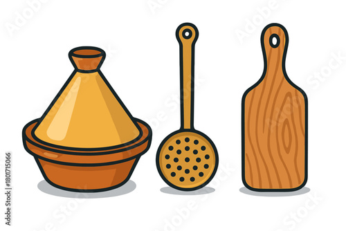Traditional Moroccan tagine pot, wooden cutting board, and kitchen skimmer utensil