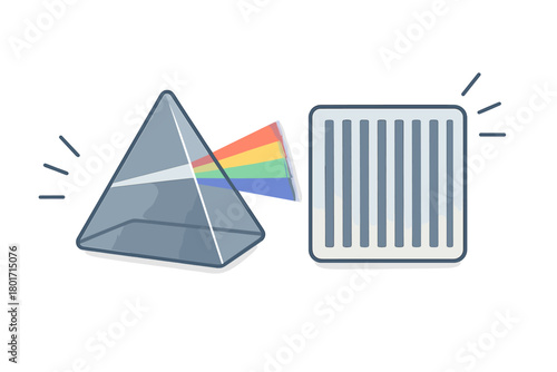 Optical physics diagram showing light splitting into a rainbow spectrum by a glass prism