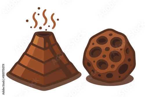 Stepped volcano cone structure emitting steam next to a porous space rock