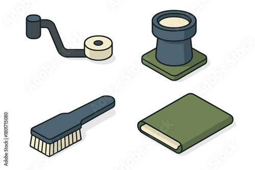 Isometric collection of household and supplies including brush, book, tape dispenser, and scope