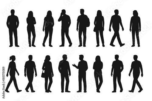Diverse group of adult people silhouettes standing, walking, and interacting