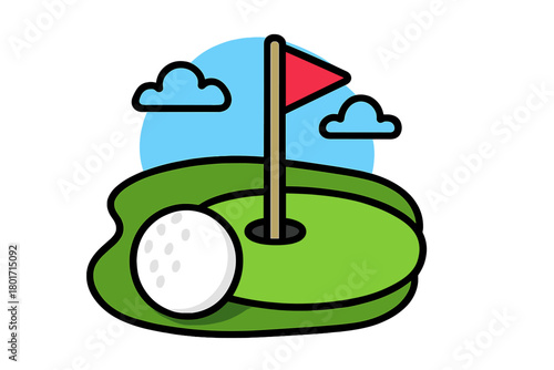 Golf ball on the putting green with a red flag marking the hole under a blue sky