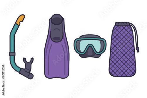 Snorkeling equipment set including a diving mask, snorkel, fin, and mesh carrying bag for water sports