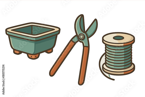 Traditional bonsai gardening tools set with pruning shears, training wire, and ceramic pot