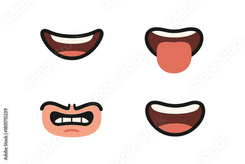 Set of funny cartoon mouths displaying various expressions like smiling, shouting, and sticking out tongue