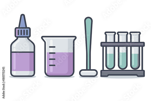 Chemistry laboratory equipment set with beaker, test tubes, dropper bottle, and stirring rod
