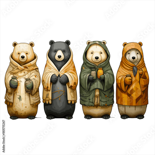 Illustration of four fantasy bears standing in a row. Each wears different robes and cloaks and holds a jar. Character design isolated on a light background.