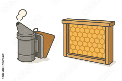 Beekeeping smoker tool emitting smoke next to a wooden frame with golden honeycomb