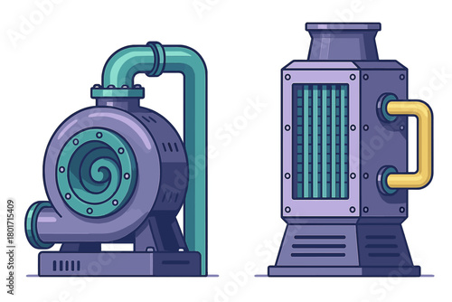 Stylized industrial machinery set including a centrifugal pump and vertical processing unit
