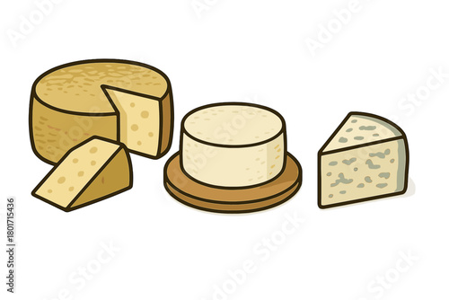 Assortment of gourmet dairy cheeses including wheels, wedges, and blue cheese