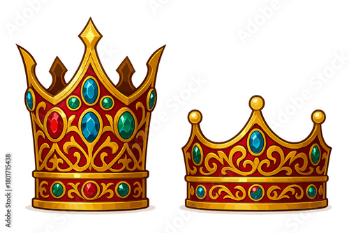 Ornate golden royal crowns set with red enamel, blue, green, and red precious gemstones
