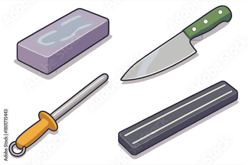 Essential kitchen tools for knife maintenance including chef knife, whetstone, and honing steel