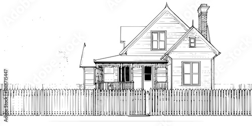 Nostalgic Nook: Serene Black & White Sketch Home Amidst Nature | Clean, isolated vector art for creative projects.