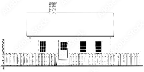 Timeless Elegance: Classic Two-Story House Chimney Picket Fence | Clean, isolated vector art for creative projects.