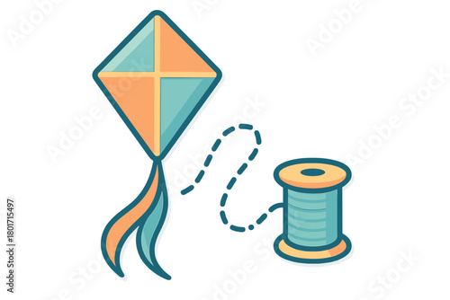 Brightly colored diamond kite flying high with a long flowing tail and connected string spool