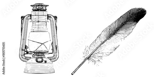 Whispering Words Wisdom: Lantern's Soft Glow Quill's Eloquent Dance | Clean, isolated vector art for creative projects.