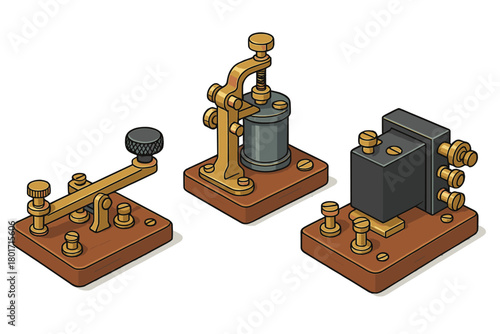 Antique telegraph key, relay, and sounder components set in isometric view on wooden bases