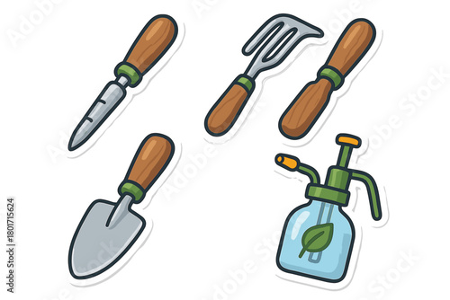 Essential small gardening tools set including trowel, hand rake, and plant mister