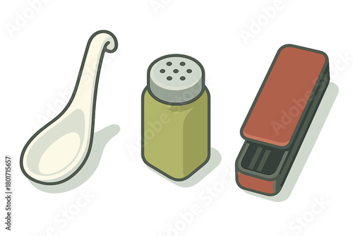Asian dining utensils collection: ceramic spoon, spice shaker, and chopstick case