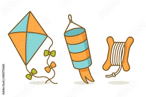 Set of traditional flying toys including a diamond kite, windsock, and string spool in cute style