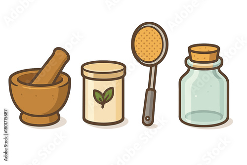 Traditional herbal preparation tools set including mortar, pestle, and strainer