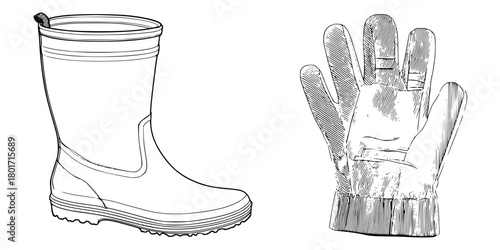 Rainy Day Attire: Rubber Boots Gloves | Clean, isolated vector art for creative projects.