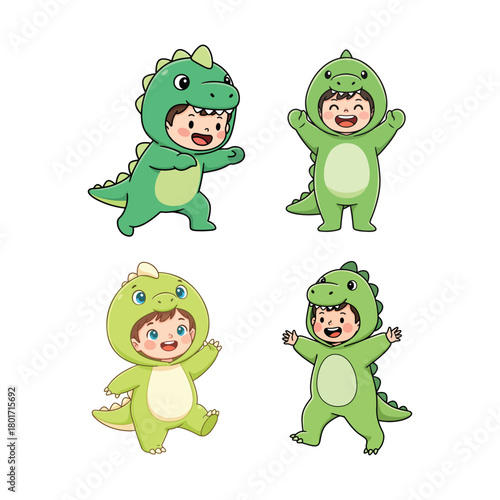 Four separate illustrations show cute children wearing full-body green dinosaur costumes in various standing, running, and jumping playful poses.