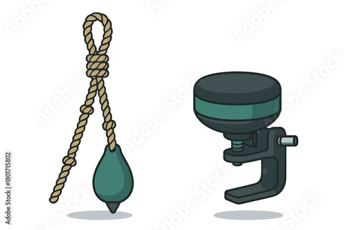 Construction and surveying tools set featuring a classic plumb bob and a modern clamp device