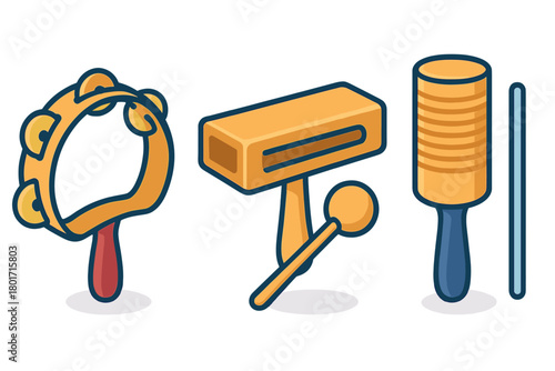 Set of handheld rhythm instruments including tambourine, wood block, and shaker