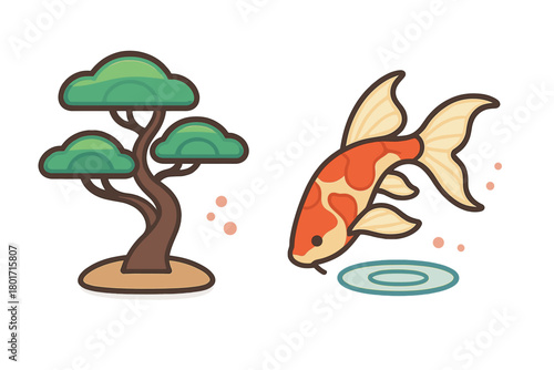 Traditional Japanese bonsai tree and orange koi fish jumping from water
