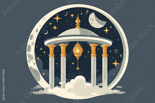 Ornate structure with columns, lantern, and dome against a starry night sky and crescent moon, surrounded by clouds.
