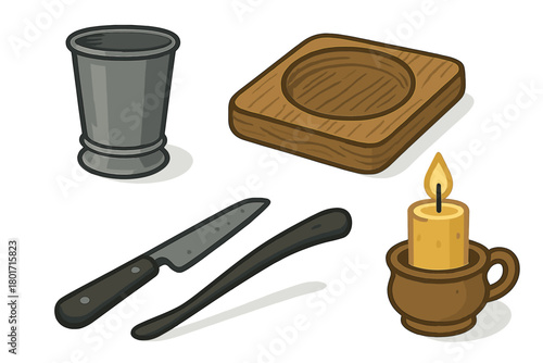 Stylized medieval props set featuring a metal goblet, wooden coaster, sharp knife, and lit candle in a ceramic holder