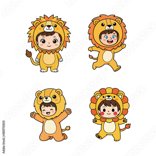 
Four separate illustrations show cute children wearing full-body lion costumes in various standing, walking, and kneeling playful poses.