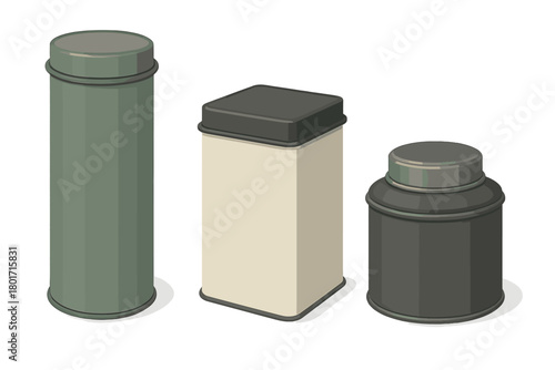Three different colored metal storage tins and containers with lids in isometric style