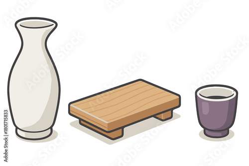Traditional Japanese sake serving set with ceramic carafe, wooden tray, and drinking cup