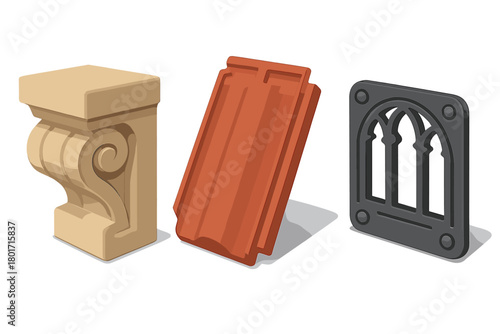 Set of architectural elements including stone corbel, terracotta roof tile, and gothic window grate