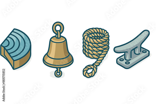 Nautical sailing equipment set with ship bell, coiled rope, mooring cleat, and stylized wood piece