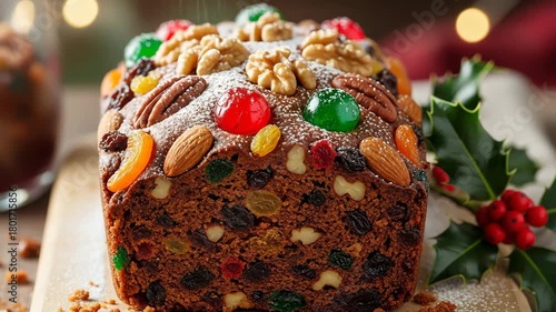 Traditional Christmas fruitcake loaf topped with nuts and candied fruits, close up on wooden board, rich holiday dessert with raisins and almonds, festive pastry in warm kitchen light