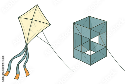 Classic kite designs featuring diamond shape and rectangular box structure