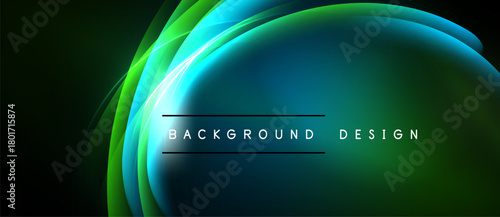 Abstract flowing lines create vibrant blue, green gradients. Text reads background design centered within luminous shape. Dark background provides contrast.