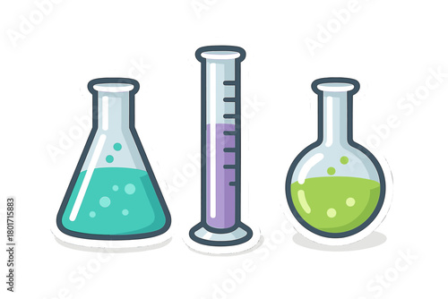 Scientific glassware collection with colorful liquids in conical flask measuring cylinder and round flask